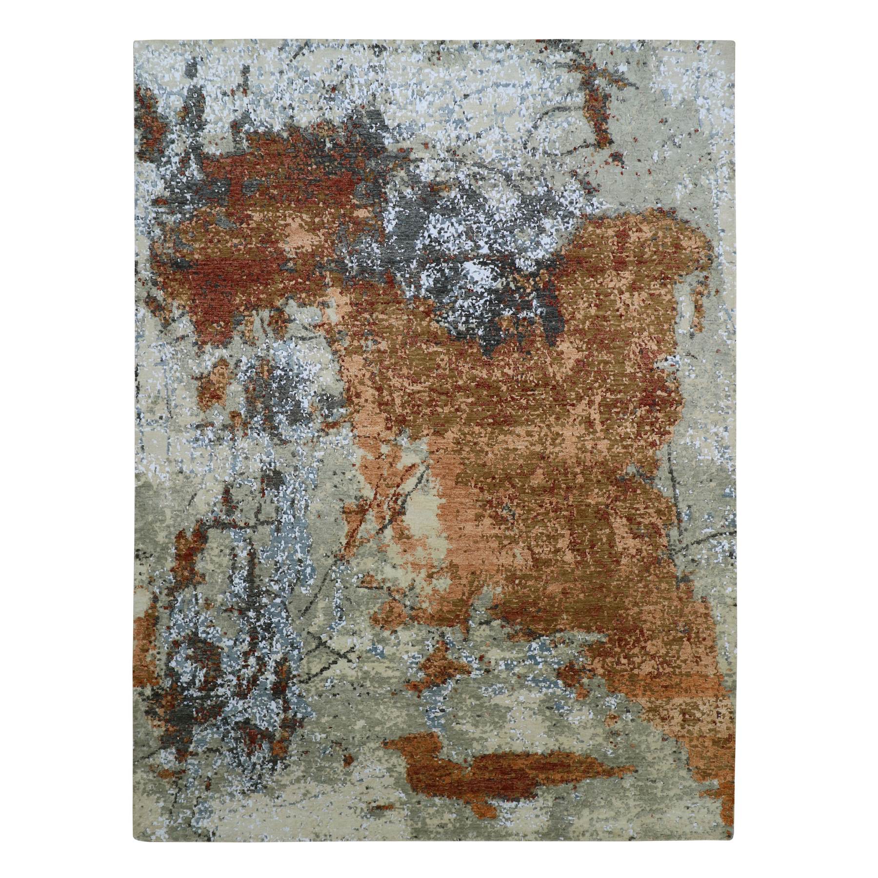Beige with Rust, Pure Wool, Abstract with Galaxy Design, Persian Knot, Hand Knotted, Densely Woven, Oriental Rug